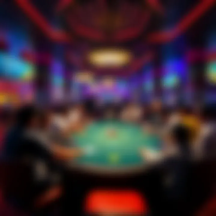 Poker table in a Macau casino A poker table filled with players in a busy Macau casino, showcasing the vibrant poker culture