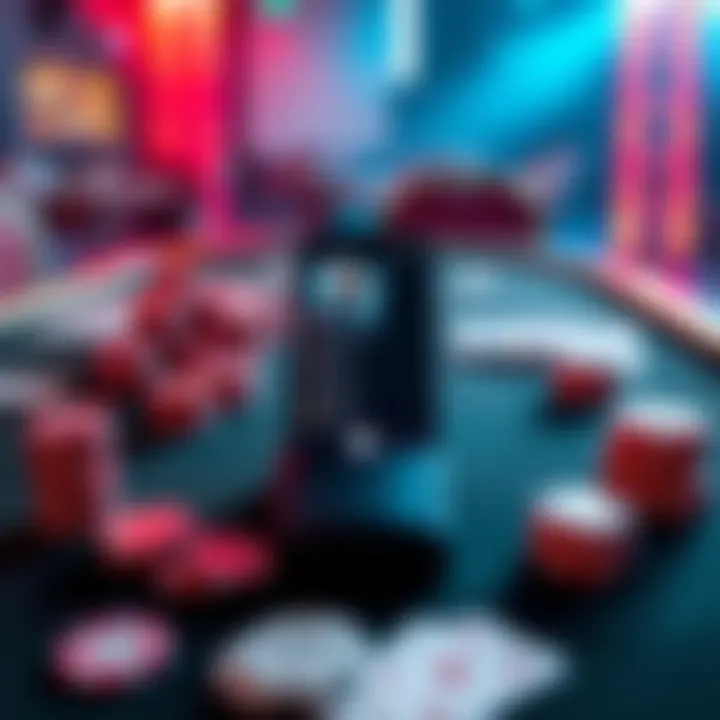 A poker table set with cards, chips, and a smartphone displaying a playlist of New Wave music, creating a lively atmosphere for the game.