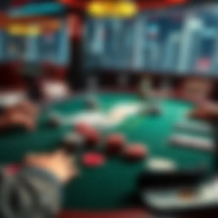 A poker table set up with playing cards, poker chips, and players in New York City