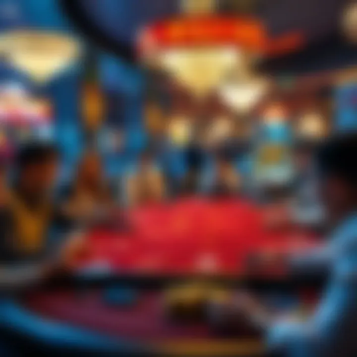 Poker table with players and dealers Poker table at the Palms showing players engaged in a game, with visible frustration over ATS bets causing delays, and dealers managing the situation