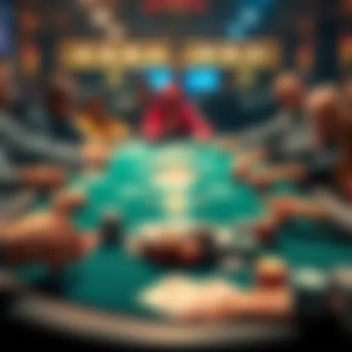 A lively poker table filled with colorful chips and playing cards, surrounded by enthusiastic players, showcasing a game in action.