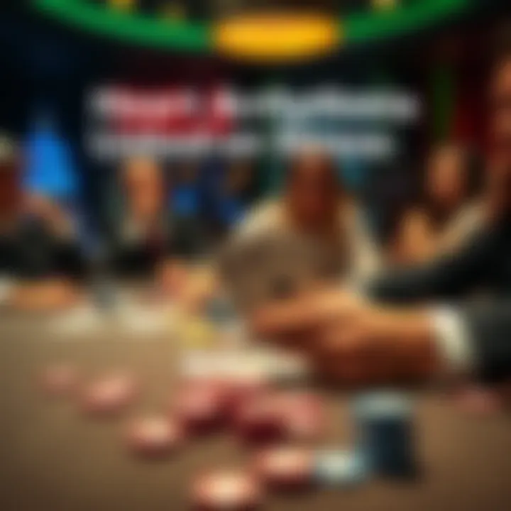 A close-up of a poker table with a player holding cards, looking stressed while other players are in the background, chips scattered on the table.