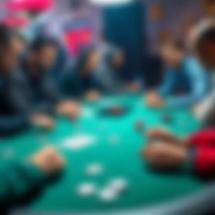 A group of players at a poker table engaged in a game, showing cards and chips