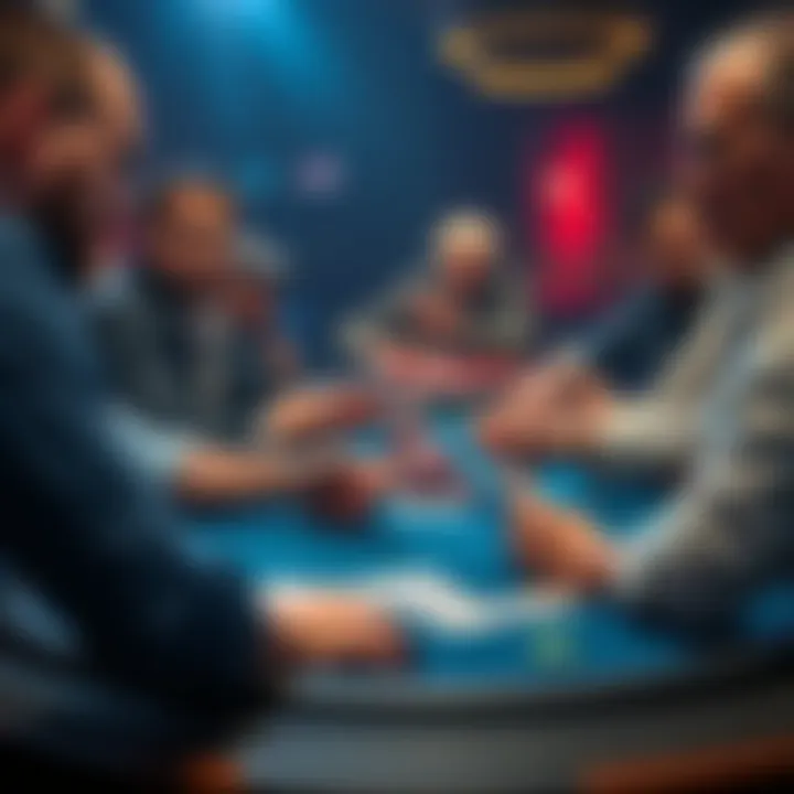 Players at a poker table with cards in hand, showcasing a tense moment as a cooler is revealed.