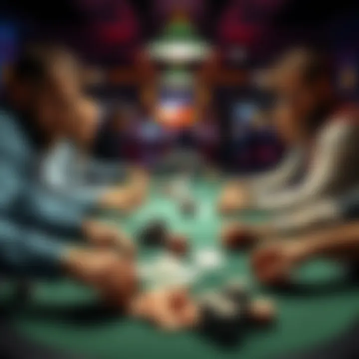 Poker table with players Group of poker players at a table engaged in a match, focusing on their cards and chips, representing the transition from 5nl to 10nl stakes.