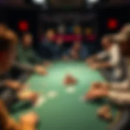 A poker table in a casual freezeout tournament showing players making decisions with chips and cards