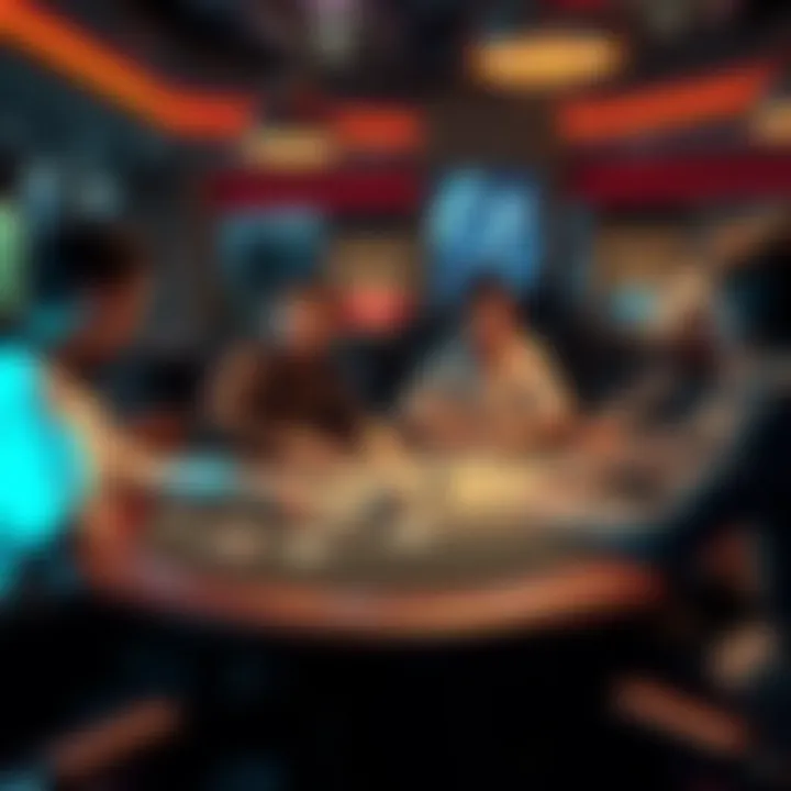 Poker Table with Players A group of players at a poker table, some appear cautious while others are more aggressive in their betting strategies.