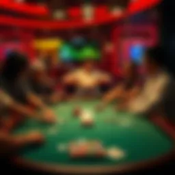 A group of players engaged in a live poker game at a casino table, with cards and chips visible