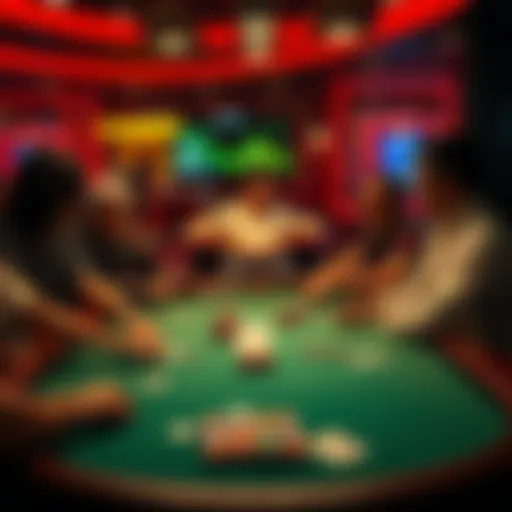 A group of players engaged in a live poker game at a casino table, with cards and chips visible