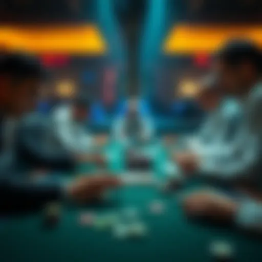 A poker table with players focused on their cards and chips during a match, highlighting a tense atmosphere.