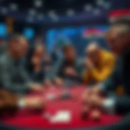 A poker table scene showing players deep in thought, some looking frustrated while others focus on their cards, illustrating the tension of applying theory in gameplay.