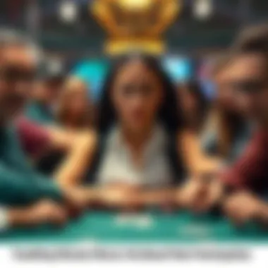Poker table with mixed players A poker table featuring a diverse group of players, with a focus on a woman appearing uncertain while other players display competitive attitudes. Poker chips and cards are visible.