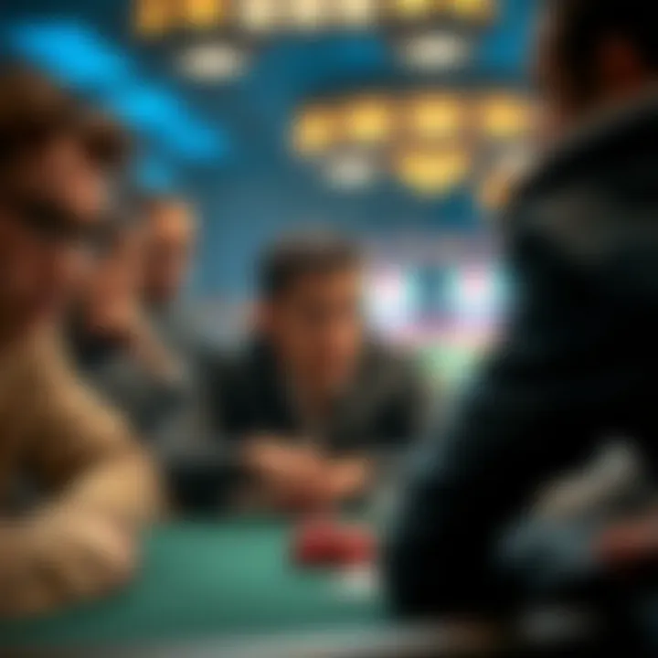 A group of players at a poker table showing various expressions during a tense game, focusing on a player contemplating a tough decision.