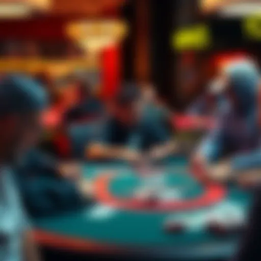 Poker table with multiple players A busy poker table with several players, showcasing one player feeling frustrated as another counter joins them.
