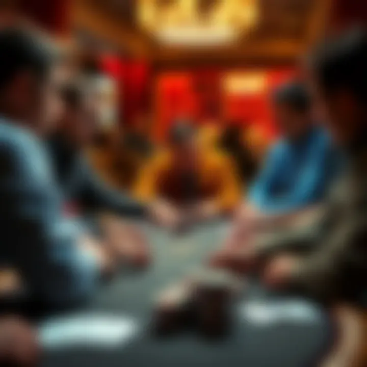 Poker table with players A group of poker players at a table, with one player appearing frustrated by unsolicited advice from another