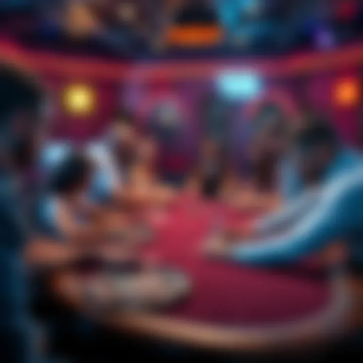 Group of people playing poker at a crowded table with chips and cards, showcasing a lively gaming atmosphere