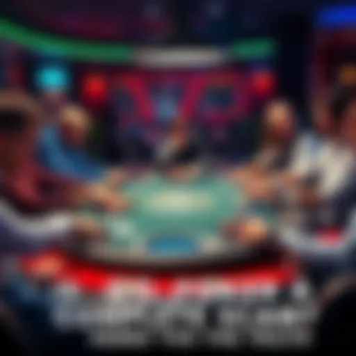 A poker table with various players engaged in a game, chips and cards visible, representing online poker community concerns.