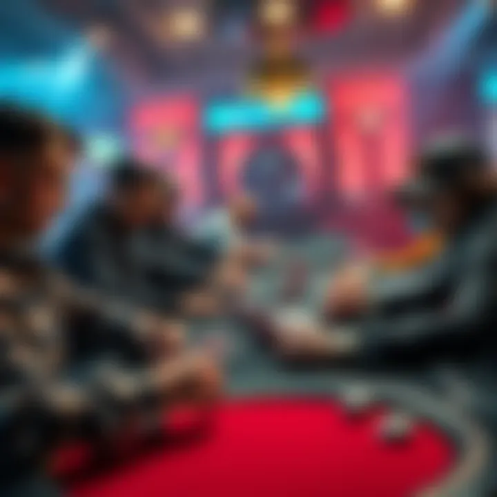A group of skilled poker players competing at a tough poker table, focused on their cards and chips