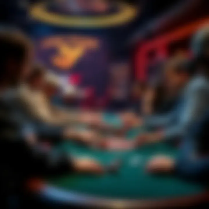 A group of players at a poker table, focused on their hands and chips during a game.