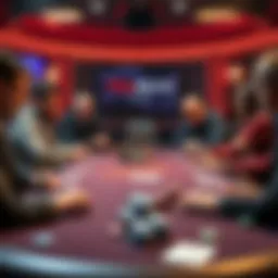 A poker table featuring players engaged in a str+ante game, focused on their cards and chips, illustrating button play strategies.