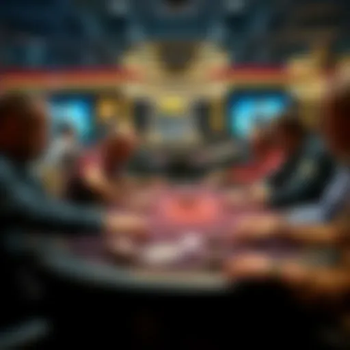 Poker table with players and chips A group of players engaged at a poker table, focused on their cards and chips, highlighting the competitive atmosphere in a casino setting.