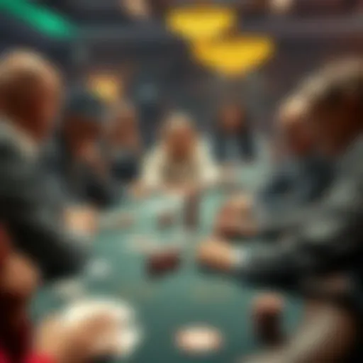 A poker table with players discussing strategies in English and another language, one player looking frustrated after losing hands.
