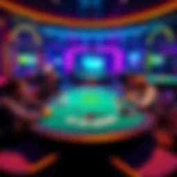 A vibrant poker table setup in a Santo Domingo venue with players engaged in a game, showcasing chips and cards.