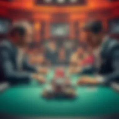 Two poker players at a table with one looking confused and the other smirking, a pile of chips between them, amidst a tense atmosphere.