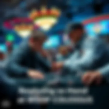 Two players engaged in a tense hand at the WSOP Colossus tournament, focusing on their cards and chips, with an audience watching closely.