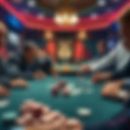 A tense moment at a poker table showing players focused on their cards and the dealer dealing chips