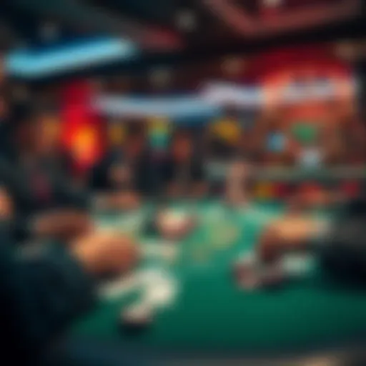 A lively poker table with players engaged in a game, surrounded by cards and chips. The setting hints at a European casino atmosphere.