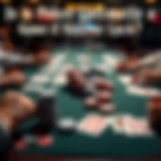 A poker table filled with playing cards, poker chips, and players engaged in a game, highlighting the mix of skill and luck in poker.