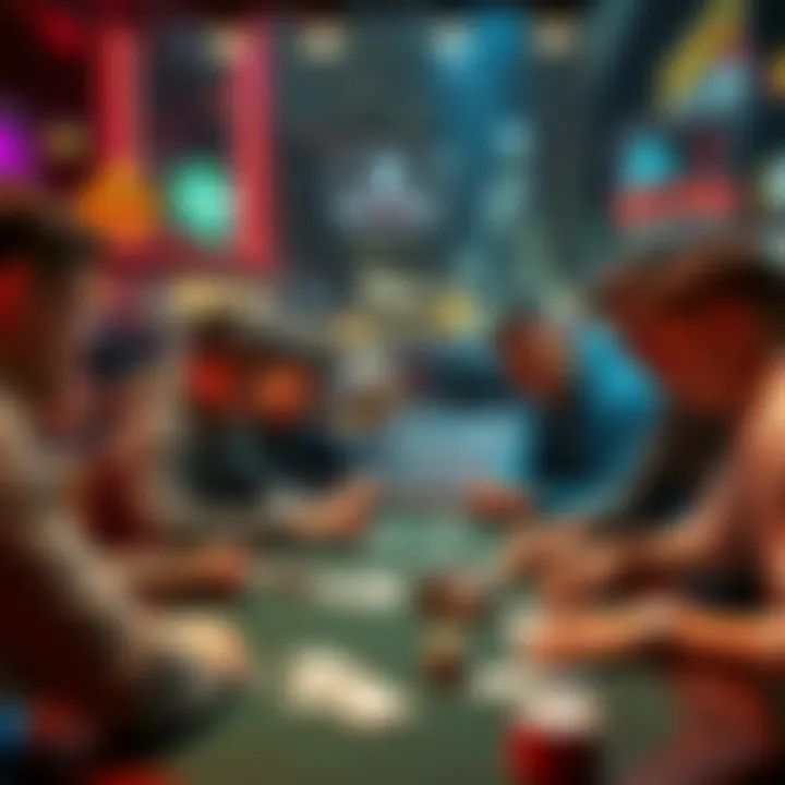 A poker table with a group of young adults playing cards in a lively New York City setting