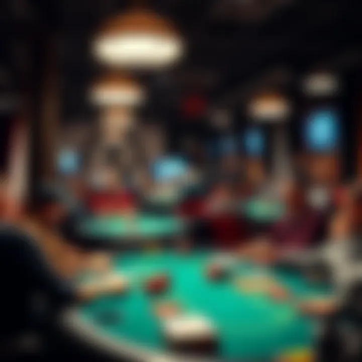 A busy poker room in Prague with players at tables, focused on their games