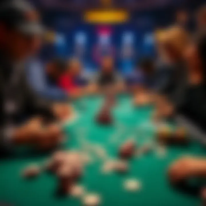 A poker table showing tight passive players carefully looking at their cards while others play aggressively. Chips and cards are scattered on the table, highlighting the differences in playing styles.