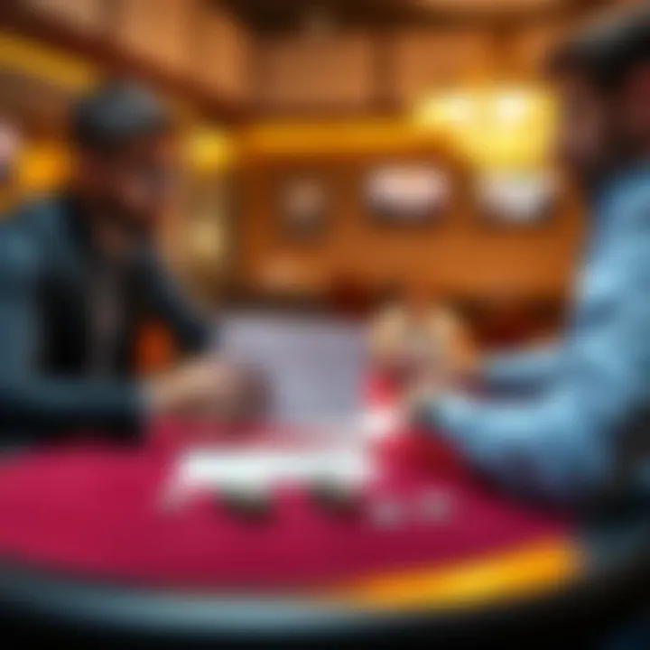 A person explaining a backing agreement to a friend at a poker tournament setting, showing documents and chips on the table.