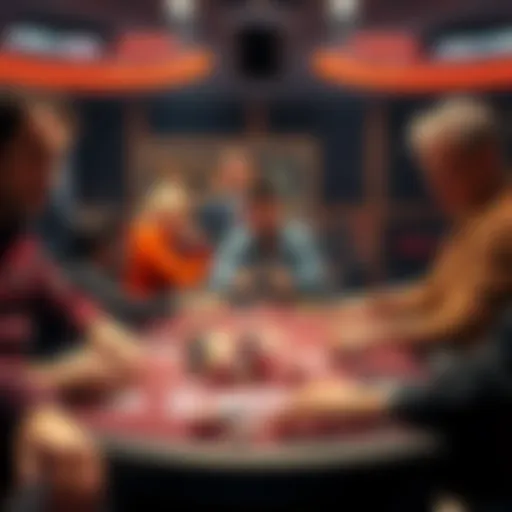 A group of players focused on their game in a poker tournament with chips and cards on the table, highlighting a $10,000 overlay