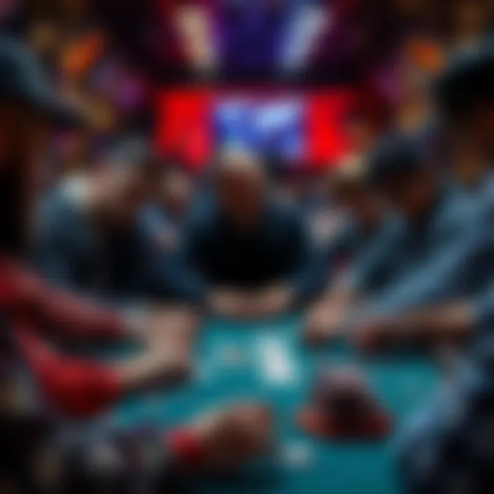 A group of diverse players engaged in a poker tournament, focusing on their cards and strategies