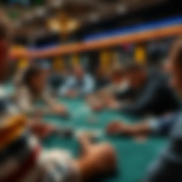A group of players at a poker table during a live multi-table tournament, focused on their cards and chips.