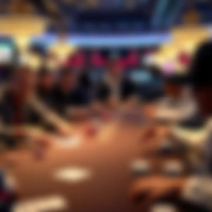 Players at a poker table during a tournament in Las Vegas, with chips and cards visible, highlighting the competitive atmosphere and costs involved.