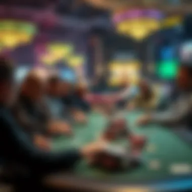 Poker Tournament Scene A lively poker tournament with players focused at their tables, chips stacked and cards in hand.