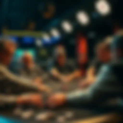 A group of players at a poker table in a lively tournament setting, focused on their cards and chips.