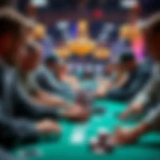 Players focused on their cards and chips at a poker tournament table