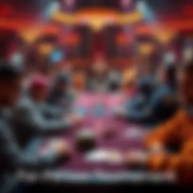 A crowded poker table with players focused on their cards in a tournament setting.