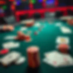 A poker table set for a tournament featuring chips and hole cards, capturing a tense moment of gameplay.