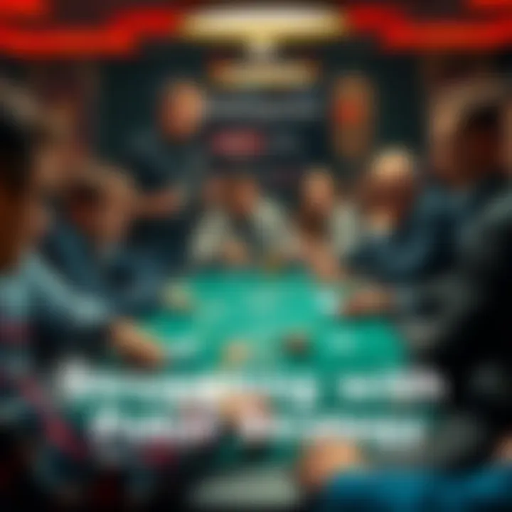 Poker tournament table A group of players sitting around a poker table during a tournament, showing focused expressions and cards in hand.