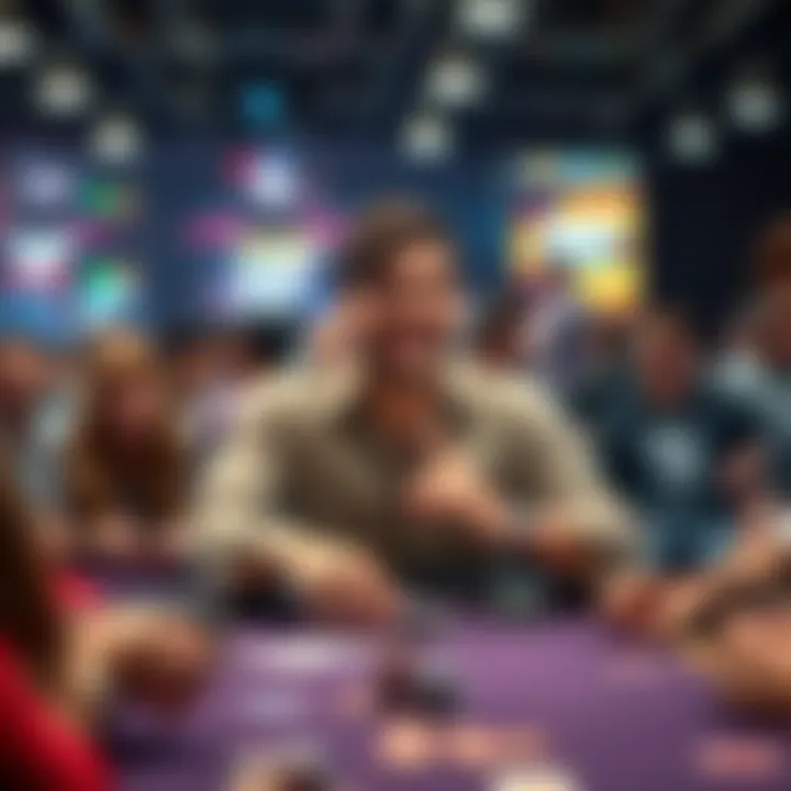 A player happily returning to a poker tournament table, with cards and chips in front, surrounded by a lively crowd.