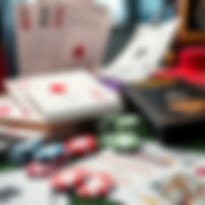 A collection of poker strategy books and charts laid out on a table with poker chips and cards
