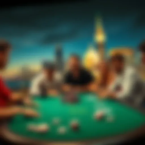 A group of friends playing poker at a casino table with city skyline in the background