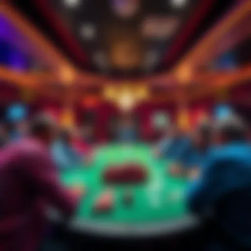 A vibrant poker room filled with people playing cards around a green felt table, poker chips stacked high, and a dealer managing the game.